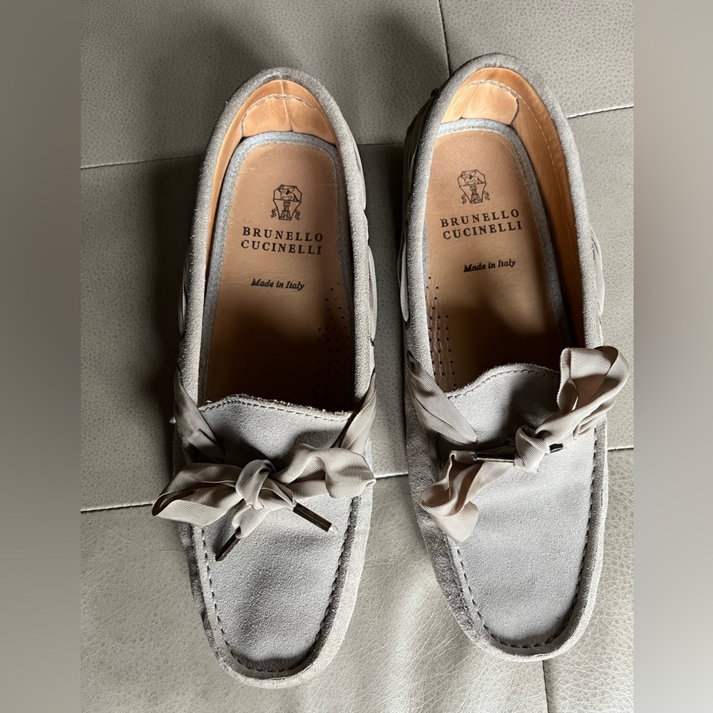Brunello Cucinelli suede drivers, grosgrain ribbon accent, Gently worn, Taupe